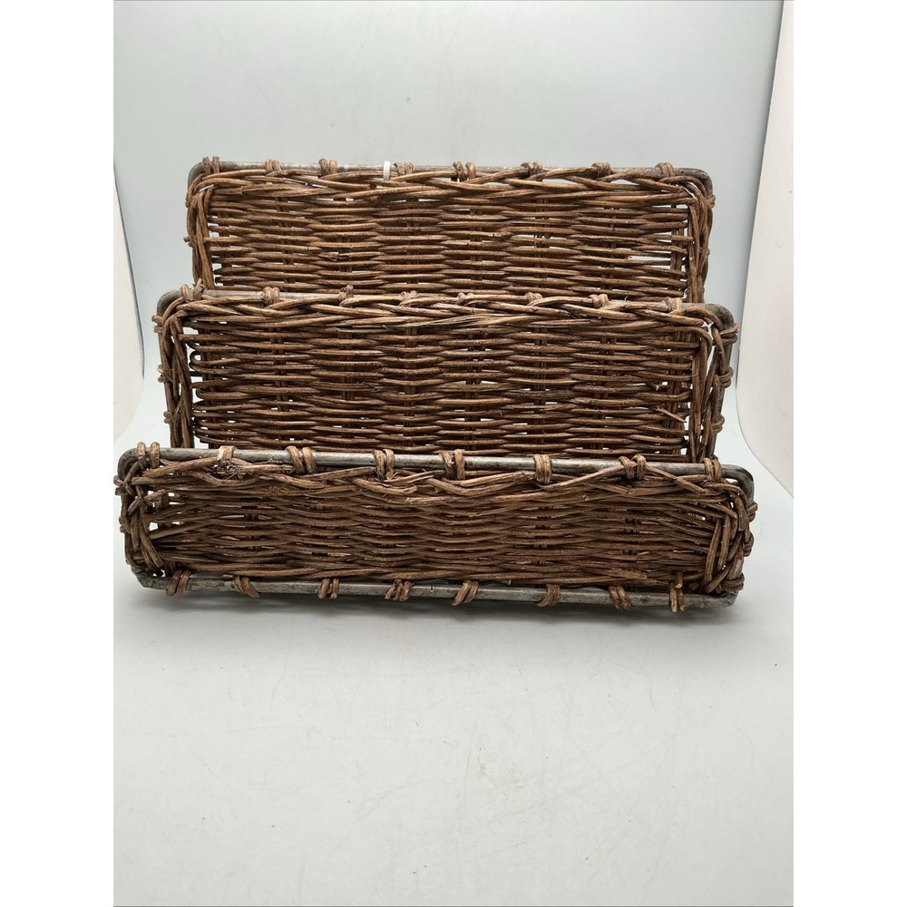 Vintage‎ Desktop Hand Woven Wicker Metal Tiered Desk Organizer 9" X 4"